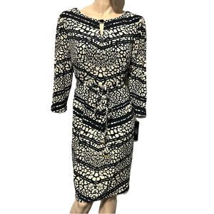 Tahari Arthur S. Levine Dress 3/4 Sleeve Tie Belt  Printed Size 16 Keyhole NWT